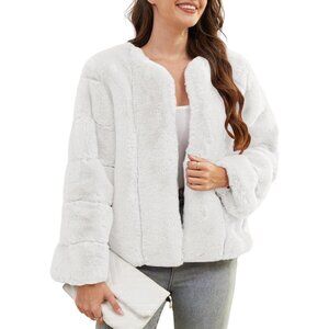 Women's Faux Fur Coat Long Sleeves Open Front Warm Winter Cropped Jacket White